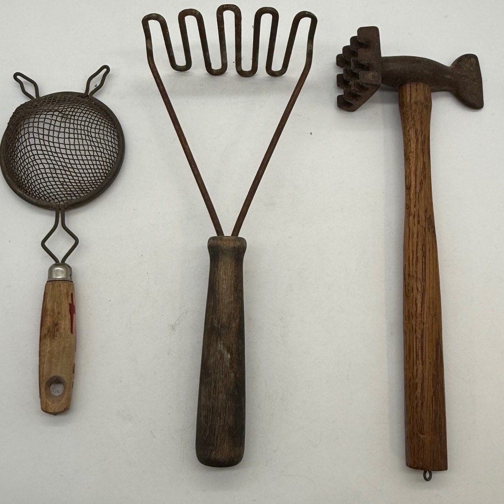 Vintage Antique Primitive Kitchen Tool Lot Potato Masher Meat Mallet Strainer